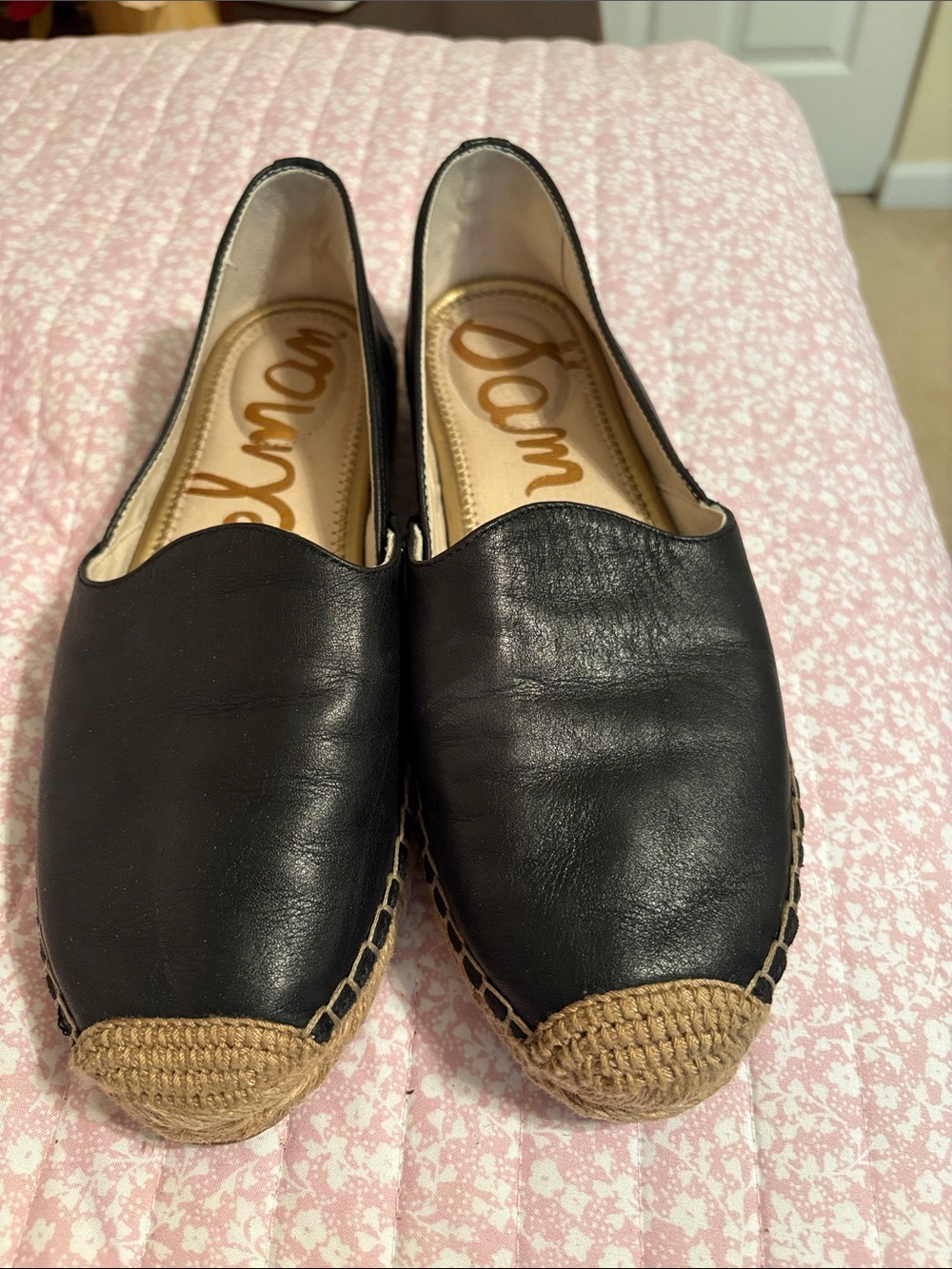 Sam Edelman Black Leather Slip-On Espadrilles with Jute Toe